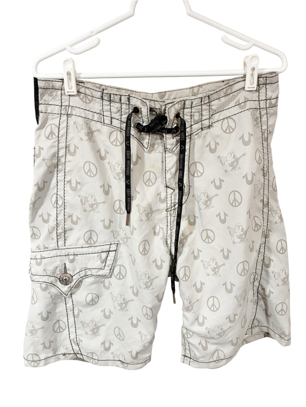 True Religion Vintage Men’s Grey Peace Sign Big Flap Pockets Swim Trunks Size 32